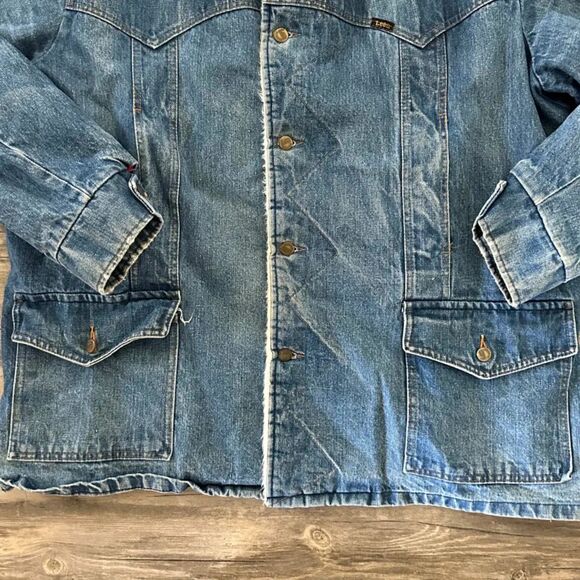 Vintage 70s Lee Storm Rider Sherpa Lined Ranch Denim Trench Coat Size XL/XXL - Picture 2 of 7